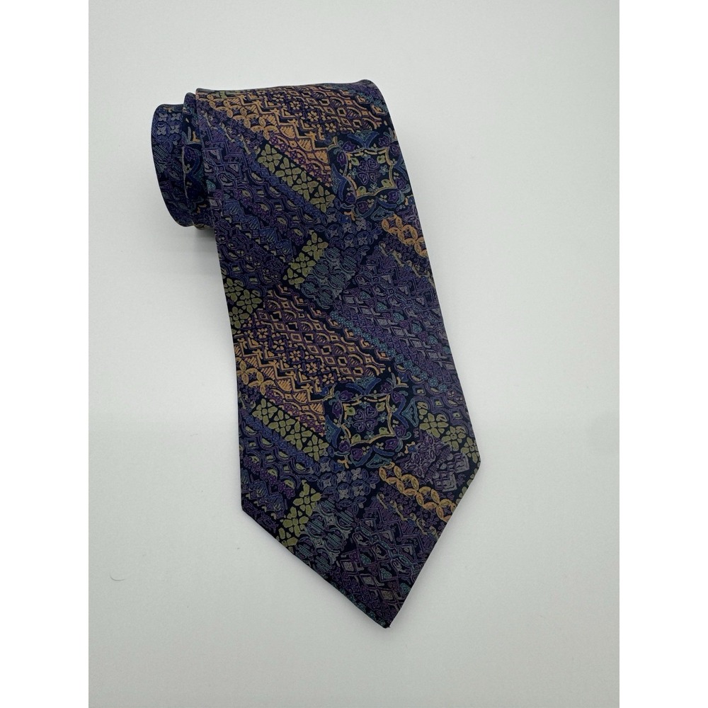 VanZon 391 Andy Khong 100% Silk Tie Purple Blue Gold Geometric Floral Patchwork
